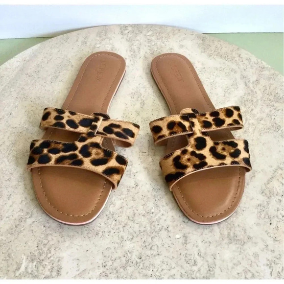 J.Crew Womens Brown Tan Leopard Print Fur Beachside Slide Sandals Size 9 - Picture 1 of 6